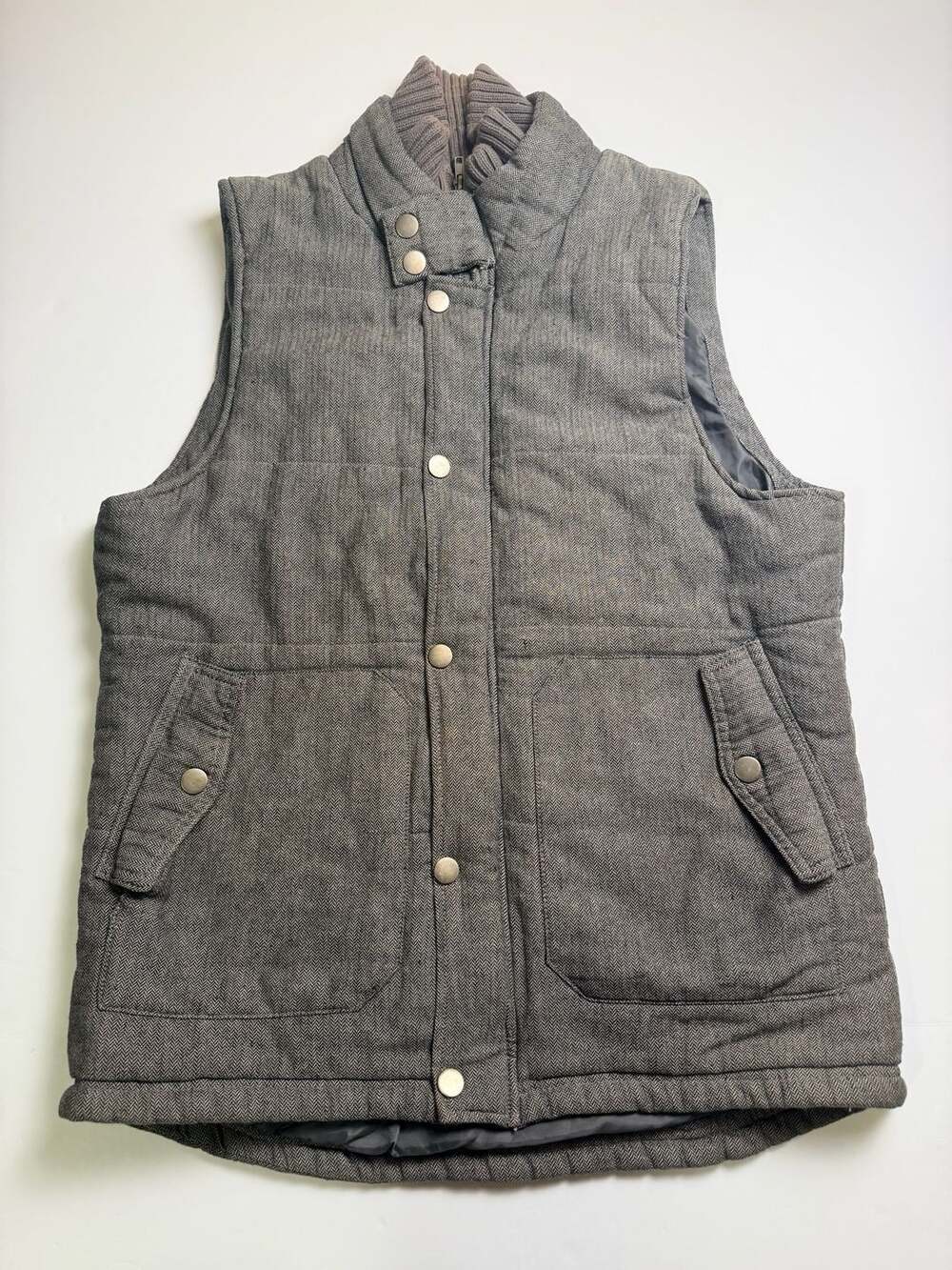 21MEN Gray Herringbone Quilted Puffer Vest Ribbed Collar Full Zip Men’s L